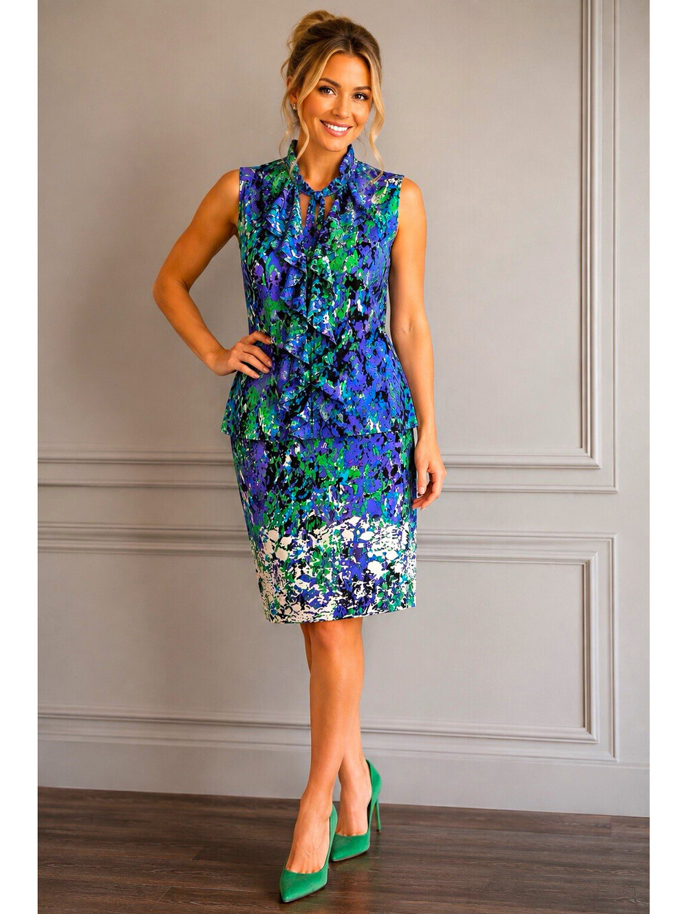ETCETERA Women’s Sleeveless Ruffle Collared  Blouse/Skirt Abstract Print Size 0